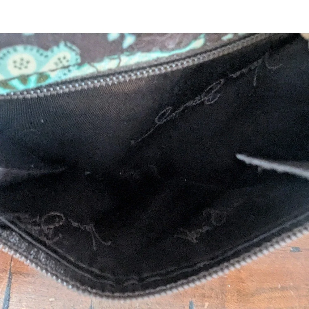 Vera Bradley Zip Around Wallet Teal Brown Paisley Floral Cotton Quilted Slim